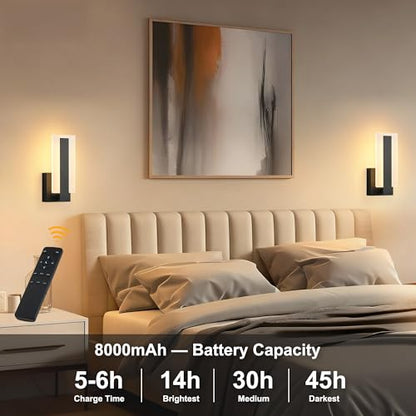 KARTOOSH Battery Operated Modern Wall Sconce Set of Two, Black | Rechargeable Wireless Wall Light with Remote Control, Dimmable 3 CCT, Timer, Night Mode, for Hallway, Bedroom, Living Room - color: Black