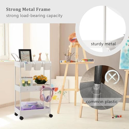 Storage Cart on Wheels, 3 Tier Slim Laundry with Wheels Bathroom Organizer with Hanging Cups Hooks Dividers Handle Mobile Rolling Art Cart for Bathroom Kitchen Narrow Places, White - style: 3 Tier White