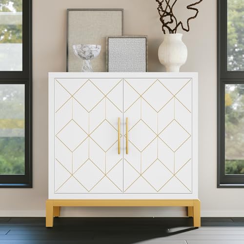 HLR Accent Cabinet with Gold Trim,Storage Cabinet with 2 Doors,Modern Wooden Sideboard for Living Room, Kitchen, Office and Hallway,White - color: White, size: 1piece