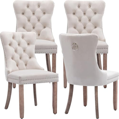 Beige Velvet Dining Chairs Set of 4, Tufted Kitchen & Dining Room Chairs | Four Fabric Tufted Dinning Chairs, Velvet Upholstered, Wing Back, Metal Pull Ring, Wood Frame, Mid Century Modern - color: A-1 Beige Velvet, Wood Legs, size: 4