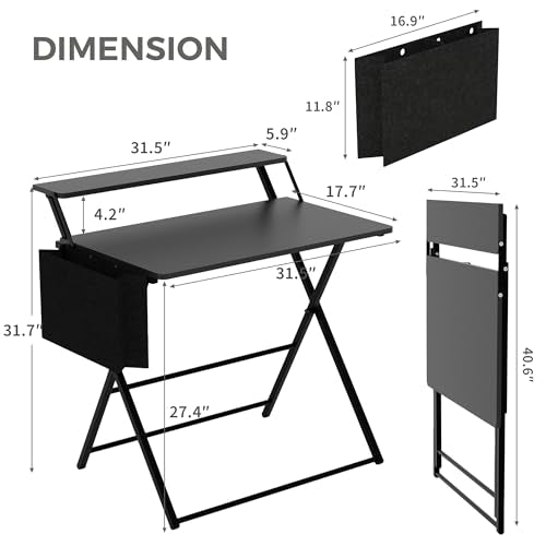 Small Desk No Assembly,31.5Inch 2-Tier Compact Computer Desk with Shelf & Side Pocket,Space Saving Foldable Table for Home Office, Bedroom or Apartment,Portable Collapsible Sturdy Laptop Desk,Black - color: Black