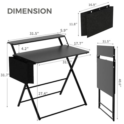 Small Desk No Assembly,31.5Inch 2-Tier Compact Computer Desk with Shelf & Side Pocket,Space Saving Foldable Table for Home Office, Bedroom or Apartment,Portable Collapsible Sturdy Laptop Desk,Black - color: Black