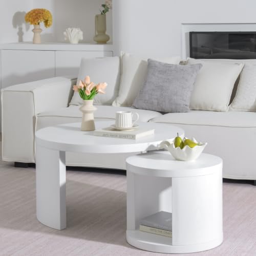 Round Nesting Coffee Table Set of 2, 31.5 & 18 in, White | White nesting coffee table, round coffee tables for living room, rounded edges, space-saving design - color: White