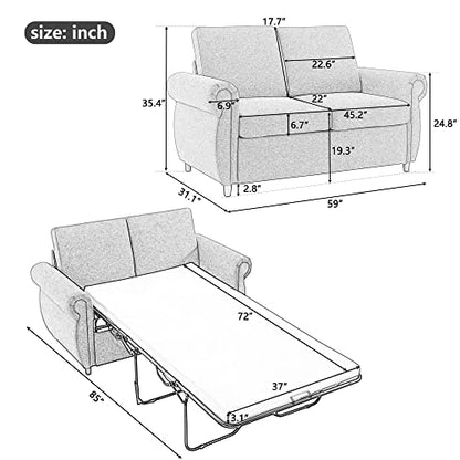Pull Out Sleeper Sofa Loveseat Sleeper, Linen Upholstered Couch with Twin Size Memory Foam Mattress, for Living Room Small Spaces (Brown-Pull Couch) 59 L *31.1W*35.4H inches