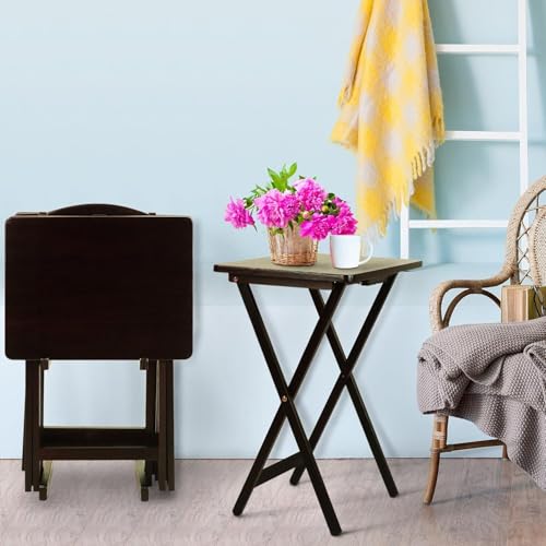 HomeStock Antique 5-Piece Solid Wood Folding Tray Table Set with Storage Stand 4 Durable TV Tables for Living Room or Snacks, 19" x 14.75" x 25.5" Espresso - color: Espresso