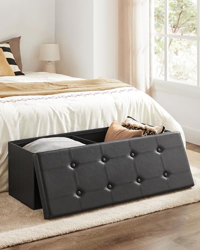 SONGMICS MAZIE Collection - 43 Inches Folding Storage Ottoman Bench, Ottoman with Storage, Foot Rest Stool, Load 660 lb, for Living Room, Synthetic Leather, Black ULSF701 - color: Black, size: 15"D x 43"W x 15"H