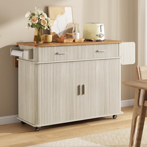 56" Kitchen Island on Wheels with Drop Leaf Countertop, Off White | Large Mobile Island Table with 2 Drawers and Spice Rack and Tower Rack, Mid-Century Modern Island Cart w/ Storage for Kitchen - color: Off White