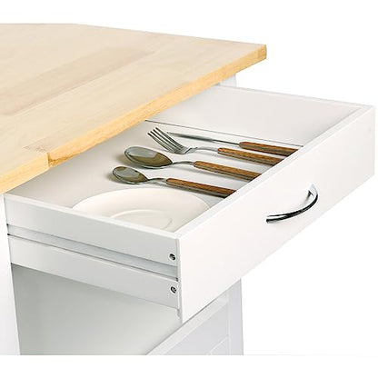 Kitchen Island Cart on Wheels, White Base | Drawer, Storage Cabinet, Shelf, Natural Solid Hardwood Top - color: White