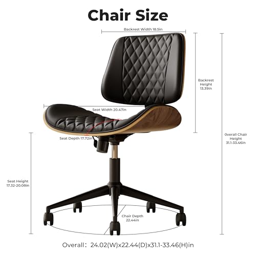 Armless Desk Chair with Wheels, PU Leather Rolling Office Chair, Adjustable Height Mid Back Computer Chair, Ergonomic Walnut Curved Seat, 360° Swivel Home Office Chair for Small Spaces(Half-Black) - color: Half-black