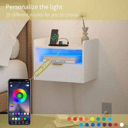 Veegle White Floating Nightstand with Charging Station and LED Lights (White) - color: White