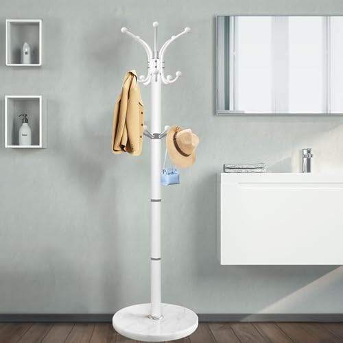 OIRUMIE Coat Rack,360°Rotary Coat Rack Stand,Coat Tree Stand for Entryway | Metal Coat Rack Freestanding with Natural Marble Base & 14 Hooks,White Modern Coat Stand, Clothes Hall Tree Stand for Hallway - color: White-14 Hooks