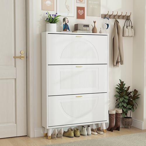 White Shoe Storage Cabinet: 32" Ultra Thin Small Shoe Cabinet | Modern Slim and Narrow Hidden Shoes Rack Organizer with Doors and 3 Flip Drawer for Entryway - size: 32"