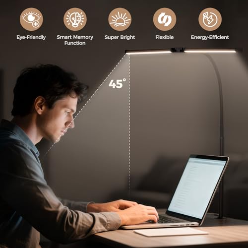 LED Desk Lamp for Home Office, Double Head Desk Light with Clamp | 3 Modes 10 Brightness, Long Flexible Goose-Neck, Eye-Caring, Memory Function, Energy Efficient, USB Adapter, Metal, Black - color: Black Pro