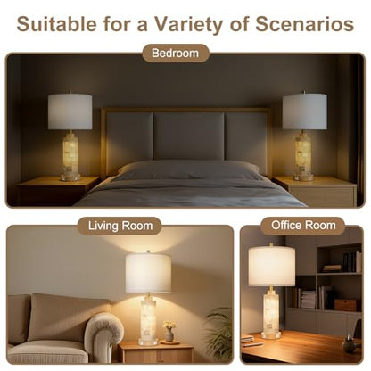 KIVDITZO 27" Alabaster and Wood Table Lamps Set of 2 with Night Light | Nightstand Lamps with USB Ports, White Linen Fabric Shade, Bedside Lamp for Living Room Bedroom Home Office Hotel Bar House - color: Cream White
