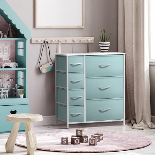 Sorbus Dresser with 7 Drawers - Furniture Storage Chest for Kid’s, Teens, Bedroom, Nursery, Playroom, Clothes, Toys - Steel Frame, Wood Top, Tie-dye Fabric Bins (7-Drawer, Pastel Aqua) - color: Pastel Aqua
