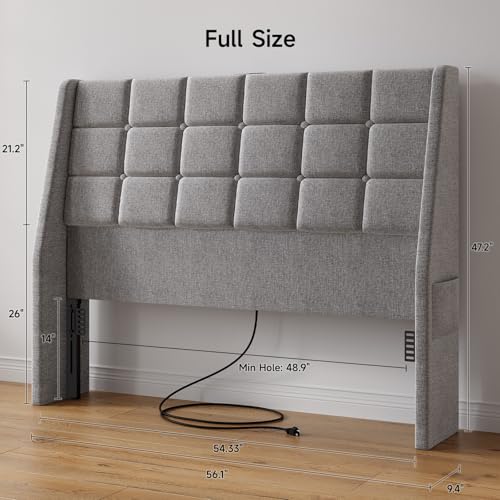 Ergonomic Upholstered Full Size Headboard w/Charging Station, Linen Wingback Headboards w/Storage Pocket, Full Headboard Only, Bed Frame Adapters, Sturdy Solid Wood Bed Head Board, Light Grey - color: Gray, size: Full