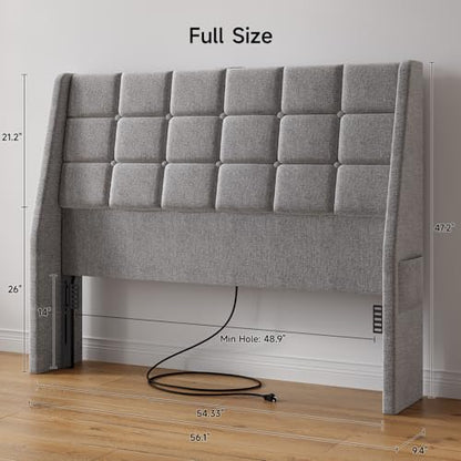 Ergonomic Upholstered Full Size Headboard w/Charging Station, Linen Wingback Headboards w/Storage Pocket, Full Headboard Only, Bed Frame Adapters, Sturdy Solid Wood Bed Head Board, Light Grey - color: Gray, size: Full