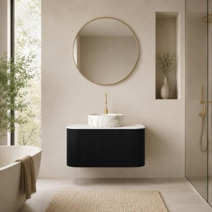30" Floating Bathroom Vanity with Sink, Wall Mounted Plywood Cabinet, Black Fluted Front, Sintered Stone Countertop, White Marble-Look Ceramic Vessel Sink, Soft-Close Drawer, Pre-Assembled - color: Black Cabinet / White Marble Sink, size: 30 Inch