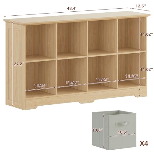 VORONOI 8 Cube Storage Organizer with 4 Fabric Drawers and Removable Shelves,Modular Cube Bookshelf for Bedroom,Living Room,or Home Office,Short Cube Bookcase for Toys,Decor,White - color: Natural Wood, size: 8-Cube