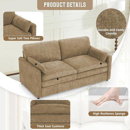 69" Chenille 2 Seats Sofa with 2 Pillows, Camel | Modern Upholstered Sofa with Deeper Seats, Comfy Sofa with Thickened Cushions for Living Room, Apartment - color: Camel, size: Loveseat