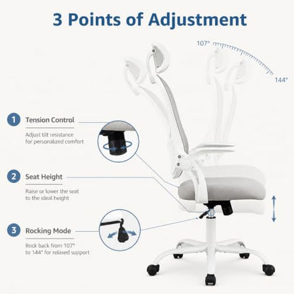 Grey Ergonomic Office Chair, High Back Mesh Desk Chair with Adjustable Headrest Lumbar Support, Computer Chairs with Flip-up Armrests and Thickened Cushion for Adults Home Office, 360° Swivel - color: Grey With Headrest