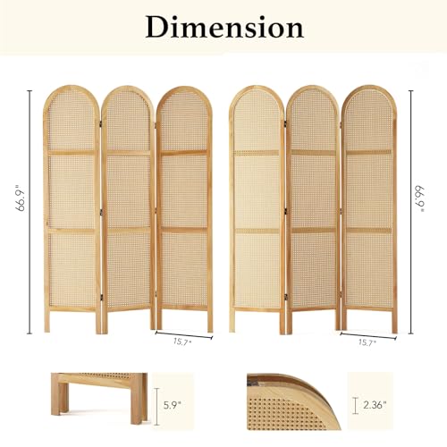 Svimi Room Dividers and Folding Privacy Screens, Pine Wood 5.6 Ft Double Hinged Rattan Partition Freestanding Wall Room Divider for Home - 3 Panels (Natural) - color: Natural