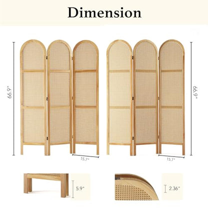 Svimi Room Dividers and Folding Privacy Screens, Pine Wood 5.6 Ft Double Hinged Rattan Partition Freestanding Wall Room Divider for Home - 3 Panels (Natural) - color: Natural