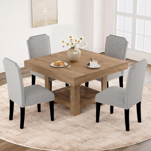GarveeHome Square Dining Room Table for 4-6 People, Heavy Duty 350Lbs Kitchen Table with 2-Tier Storage, Waterproof Wooden Dinner Table with Sturdy Triangle Legs, Annual Ring Texture. - color: New Wood
