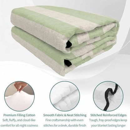 King Quilt Bedding Set, Sage Green Stripes Farmhouse Lightweight Coverlet Summer Comforter Set Soft Microfiber Bedspread, Retro Linen Texture 3 Piece Quilt Set with 2 Pillow Shams All Seasons Use - color: Green, size: 96x106in