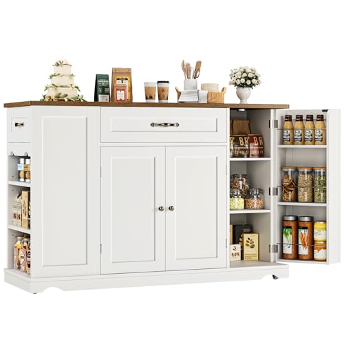 HOSTACK 47" W Kitchen Island Cart with Storage, Rolling Island Table, White | Mobile Kitchen Storage Islands on Wheels with 2 Drawers, Adjustable Shelves, Movable Buffet Cabinet for Dining room - style: White + Rustic Brown