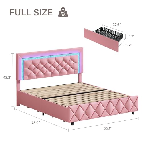 BarnFurin Full Size Bed Frame with LED Headboard and Storage Drawers,Pink | Princess Platform Bed with Diamond Headboard and Footboard, No Box Spring Needed, Pink - color: Pink, size: Full