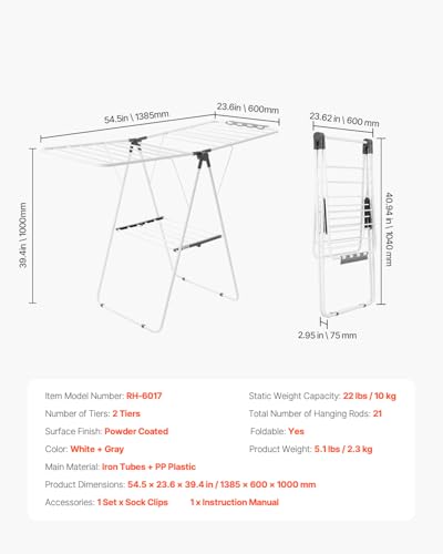 VEVOR Clothes Drying Rack, 2-Tier Foldable Laundry Dryer Rack with Sock Clips & 21 Drying Rods, Metal Height Adjustable Drying Racks for Outdoor & Indoor, Free-Standing & Space-Saving Hanger, White - size: 54.5"D x 23.6"W x 39.4"H