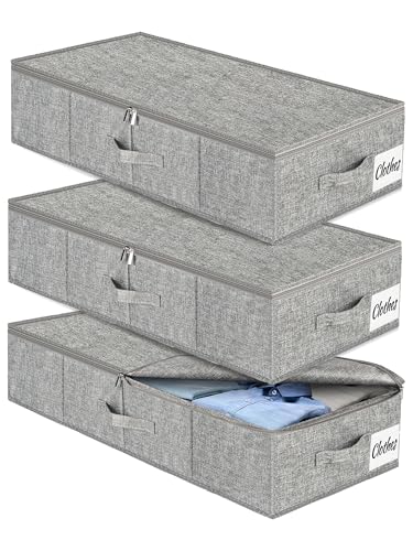 Under Bed Storage Container Bin 3 Pack, Low Profile Foldable Underbed Clothes Storage Organizer W/ Ultra Thick Fabric and Sturdy Bottom/Sides, Dual Zipper Storage Box for Dorm and Home 30x16x6.7" - color: Grey-3 Pack, size: 6.7in-space