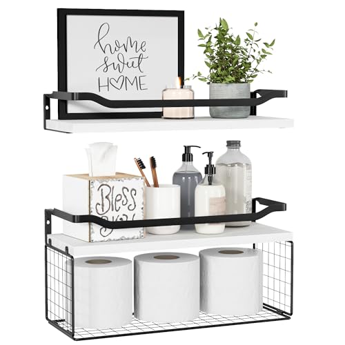 Bathroom Shelves Over Toilet with Protective Metal Guardrail | Floating Shelves with Wire Storage Basket, Wood Wall Shelves for Bathroom Organizers and Storage, Toilet Paper, White - color: White