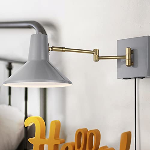 JONATHAN Y Hygge 1-Light Modern Swing Arm USB Sconce 8", Grey/Brass Gold | Metal Construction, Plug-In Midcentury Bedside Wall Lamp, Cone Shade, Adjustable Head, LED Bulb Included - color: Grey/Brass Gold