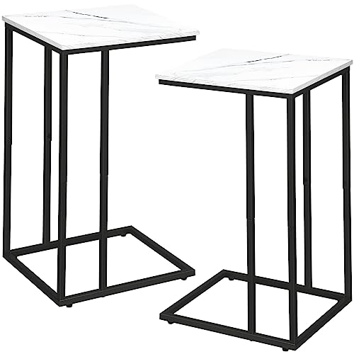 C Shaped Side Table Set of 2, Marble End Table for Sofa and Bed, Couch Table That Slide Under, Snack Side Table for Living Room, Bedroom or Small Spaces, White and Black - color: Black