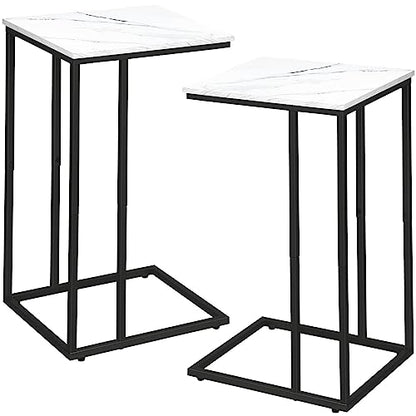 C Shaped Side Table Set of 2, Marble End Table for Sofa and Bed, Couch Table That Slide Under, Snack Side Table for Living Room, Bedroom or Small Spaces, White and Black - color: Black