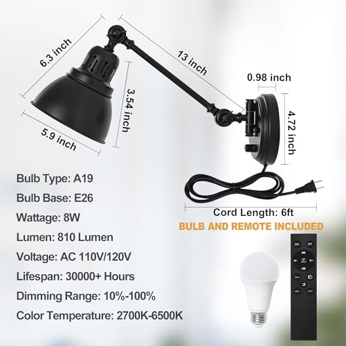 GOODATE 1 Pack Plug in Wall Sconce with Remote Control, Stepless Dimming & Stepless Colors 2700K-6500K, Plug in Wall Light, Swing Arm Wall Lamp with Night Light & Timer, LED Bulb Included - size: Black-1 PACK(Bulb+Remote)
