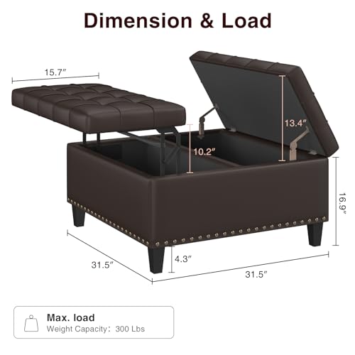 FiveWillowise 31.5 Inch Large Square Ottoman with Storage,Faux Leather | Coffee Table Storage Ottoman Bench with Lift Top Upholstered Footrest Stool Toy Box for Bedroom Living Room,Chocolate - color: Chocolate