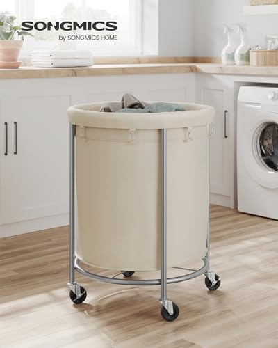 SONGMICS Laundry Basket, Rolling Steel Frame with 2 Locking Wheels, 190 L | Heavy-Duty Laundry Hamper Cart with Removable Bag, White and Metallic Silver, URLS01MZ - color: Cream White + Metallic Silver, size: 190 L (1-Section)