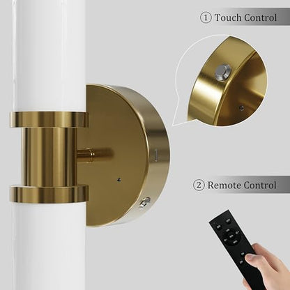 Rayogale Gold Wireless Battery Operated Wall Sconces with Remote Control | White Glass Rechargeable Wall Lights Set of 2 with Timer Function Dimmable for Living Room Bedroom Emergency 3000K, 20.5 Inch - color: Gold(White Lampshades)