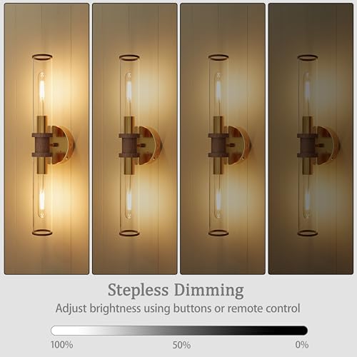 Rayogale Gold & Walnut Wireless Battery Operated Wall Sconces with Remote | Glass Rechargeable Wall Lights Set of 2 with Timer Function Dimmable for Living Room Bedroom Emergency 3000K, 20.5 Inch - color: Gold & Walnut(Clear Tubular Lampshade)