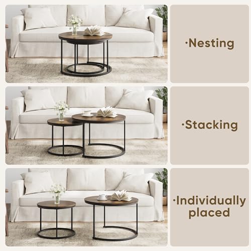 Smuxee Rustic Nesting Coffee Table Set of 2, 27.6" Round Coffee Table Wooden Marble Pattern with Adjustable Non-Slip Feet, Industrial End Table for Living Room Bedroom Balcony - color: Rustic Brown, size: 27.6"W