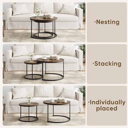Smuxee Rustic Nesting Coffee Table Set of 2, 27.6" Round Coffee Table Wooden Marble Pattern with Adjustable Non-Slip Feet, Industrial End Table for Living Room Bedroom Balcony - color: Rustic Brown, size: 27.6"W