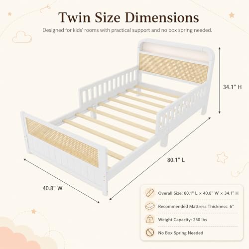 Twin Bed with Rails, Wood Twin Bed Frame with LED Lights and Storage Headboard, Twin Platform Bed Frame with Headboard, Wooden Twin Bed Frame for Kids with Side Rails, No Box Spring Needed, White - color: White & Rattan, size: Twin