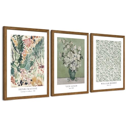 JLTULT Matisse Wall Art Set of 3, Solid Wood Framed Canvas, 16 x 24 Inches | Sage botanical prints by Matisse, Van Gogh and William Morris on fade-resistant canvas with ready-to-hang solid wood frames - color: Matisse, size: 24"L x 16"W
