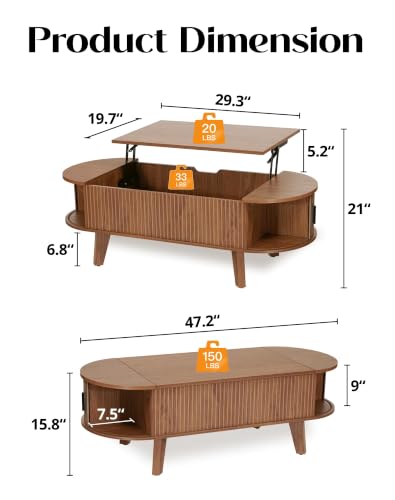 Oval Lift Top Coffee Table with Storage, 47.2" Mid Century Modern Living Room Center Table with 180° Sliding Tambour Door, Wood Fluted Coffee Table for Home Office, Walnut - color: Walnut-oval (Sliding Door)