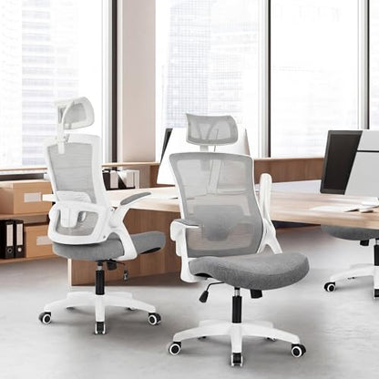 NEO CHAIR Office Desk Chair with Ergonomic High Back Mesh Headrest, Grey | Adjustable Headrest and Lumbar Support with Flip-Up Armrests Designed for Extended Sitting Comfort While Saving Space - color: Grey