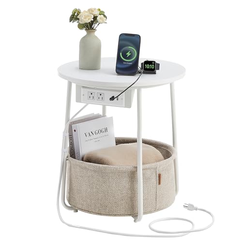 VASAGLE LILEA Collection - Side Table with Charging Station, Round End Table with Fabric Basket, Nightstand with USB Ports, for Living Room, Bedroom, Modern, Matte White and Camel Brown ULET228W01 - color: Matte White + Camel Brown