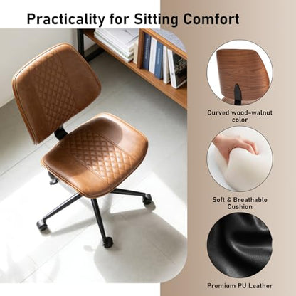 Modern Walnut Home Office Chair, Executive Desk Chair No Arms Brown | with Wheels, Adjustable Height, Comfy PU, Deeper Cushion, Mid Back, 360 Swivel Computer Chair - color: Brown
